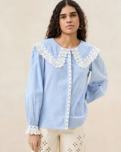 New Loeffler Randall Daisy Blue Broderie Collared Blouse Blue/Cream Stripe