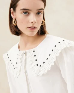 New Loeffler Randall Daisy Blue Broderie Collared Blouse Blue/Cream Stripe