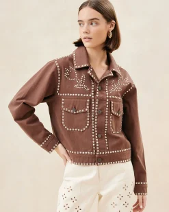New Loeffler Randall Elijah Espresso Studded Denim Jacket Espresso />