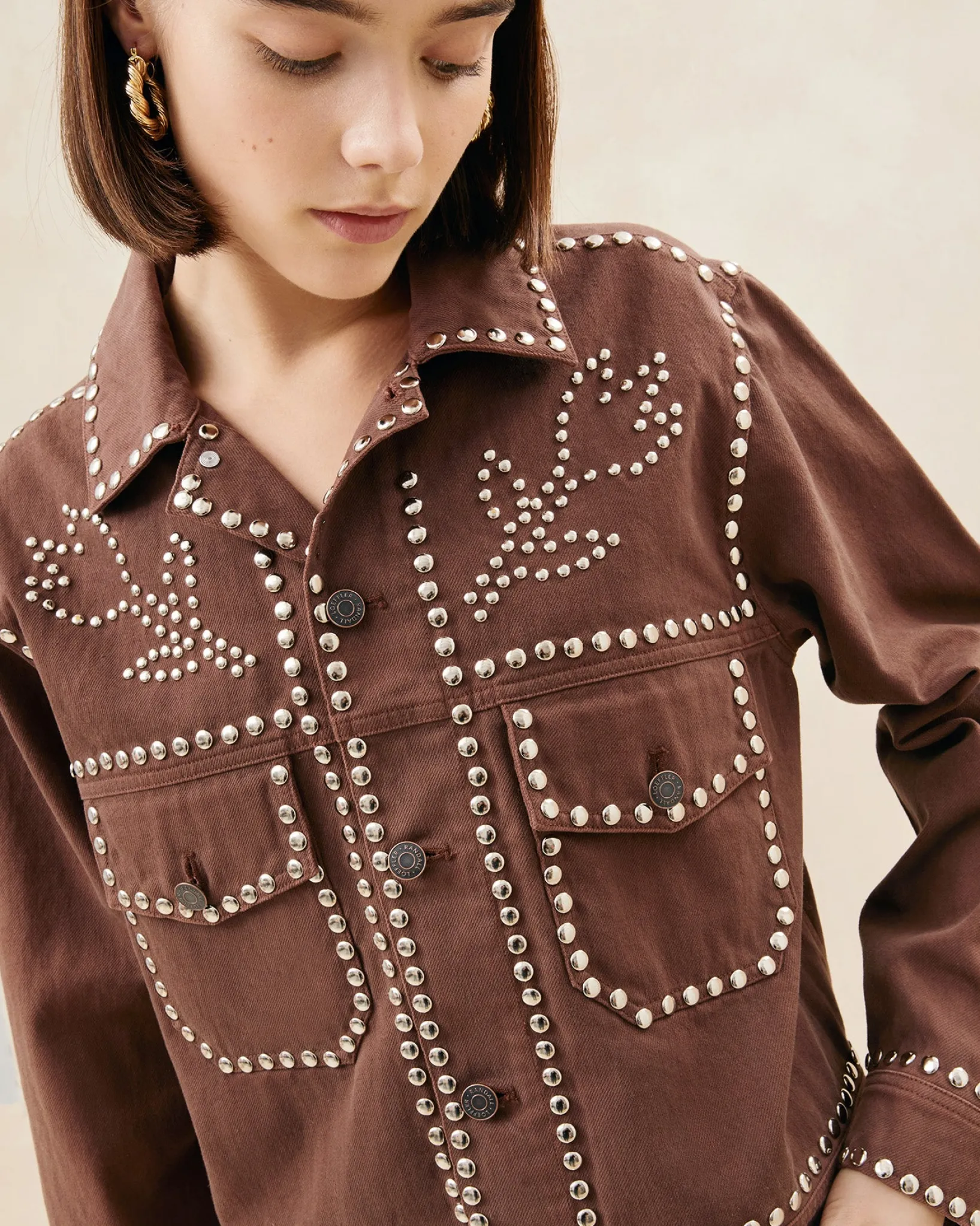 New Loeffler Randall Elijah Espresso Studded Denim Jacket Espresso />