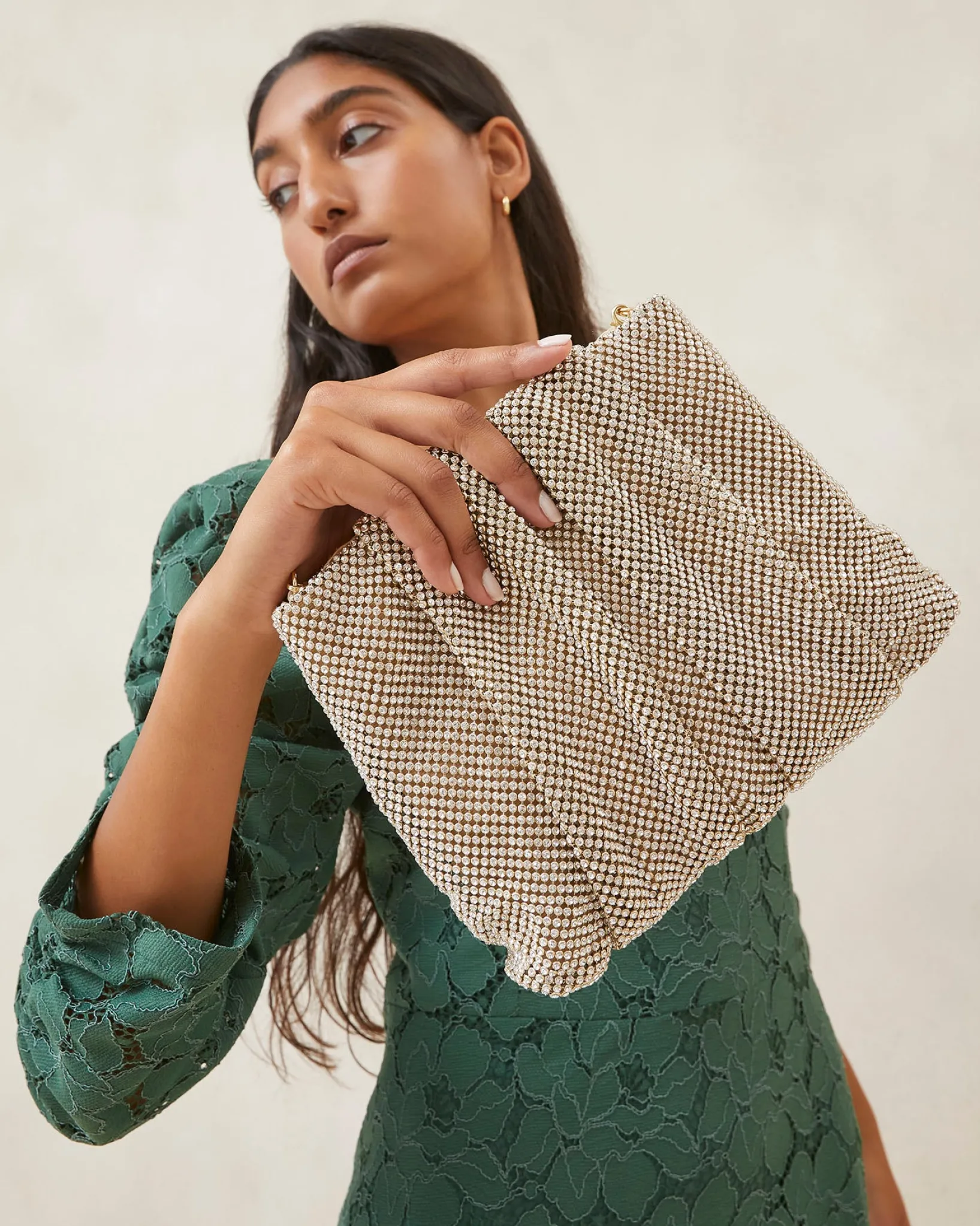 New Loeffler Randall Ember Gold Diamanté Gathered Clutch Gold />