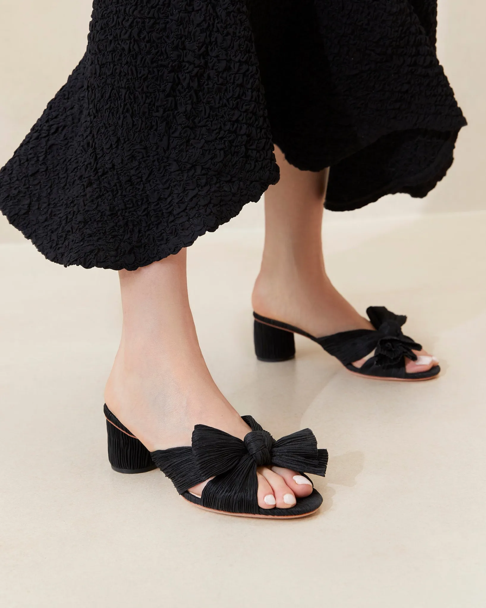 New Loeffler Randall Emilia Pleated Bow Heel Black