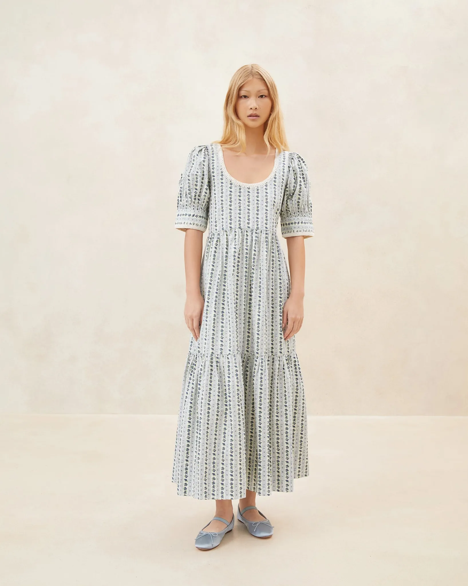 Outlet Loeffler Randall Gillian Blue Floral Puff-Sleeve Dress Cream/Blue Wavy Floral