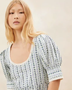 Outlet Loeffler Randall Gillian Blue Floral Puff-Sleeve Dress Cream/Blue Wavy Floral