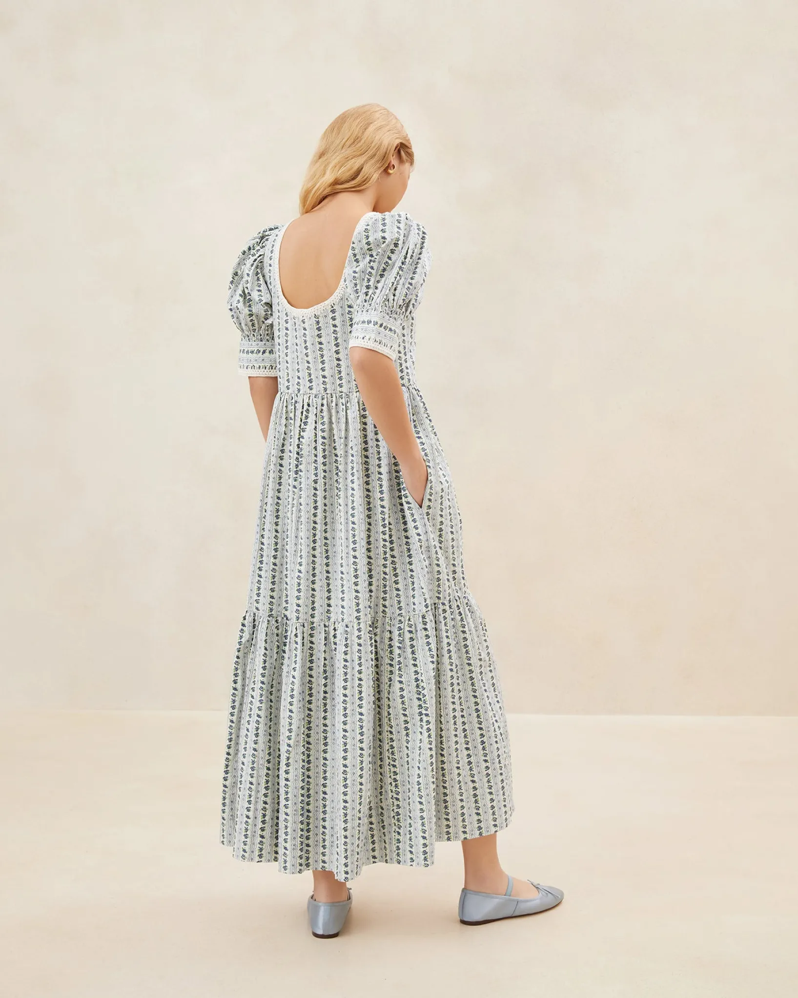 Outlet Loeffler Randall Gillian Blue Floral Puff-Sleeve Dress Cream/Blue Wavy Floral