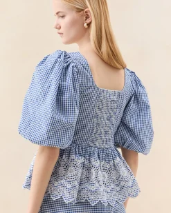 Clearance Loeffler Randall Jodie Blue Gingham Embroidered Top Blue Gingham /><noscript><img width=