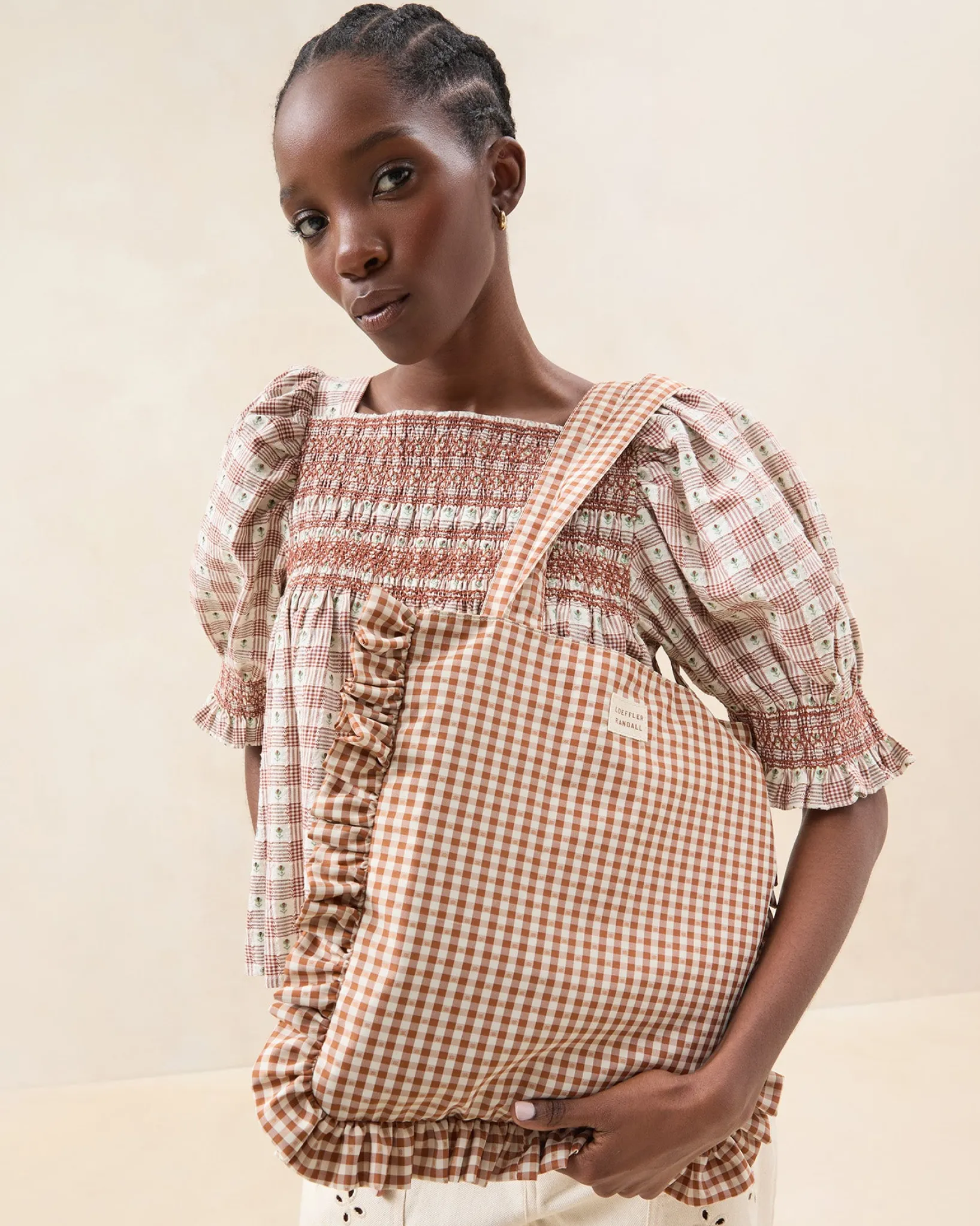 Hot Loeffler Randall Justine Ruffle Tote Brown Gingham