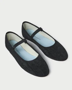 New Loeffler Randall Leonie Black Embroidered Bow Flat Black/Black /><noscript><img width=