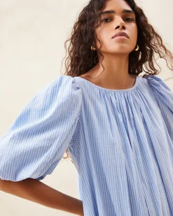 New Loeffler Randall Mimi Blue Puff-Sleeve Dress Blue/Cream Stripe