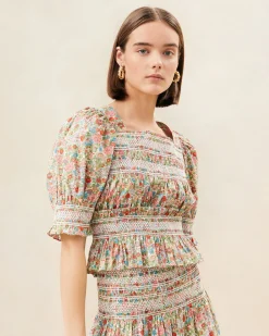Hot Loeffler Randall Nicola Red Floral Cinched Blouse Red/Cream/Green Multi Floral
