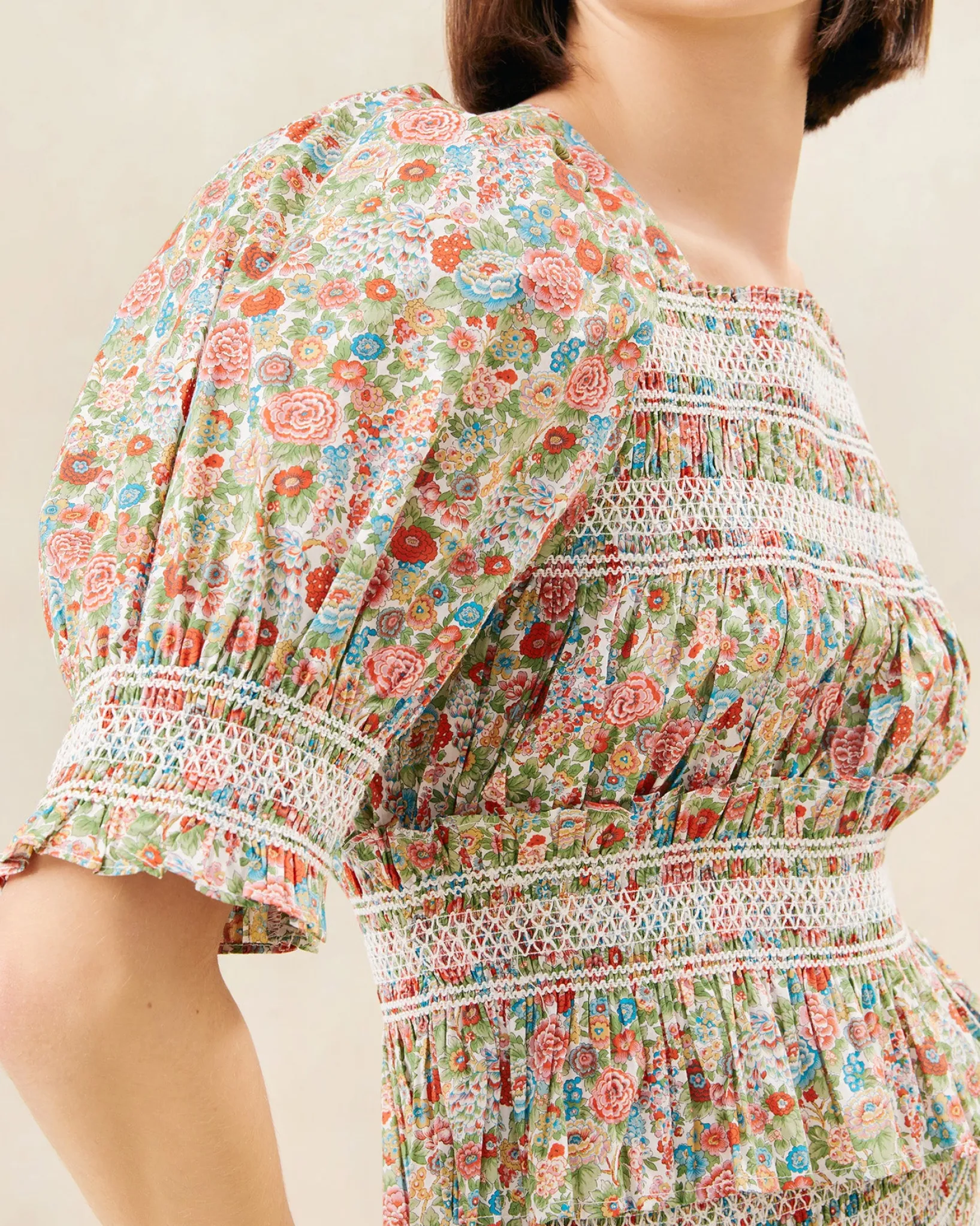 Hot Loeffler Randall Nicola Red Floral Cinched Blouse Red/Cream/Green Multi Floral