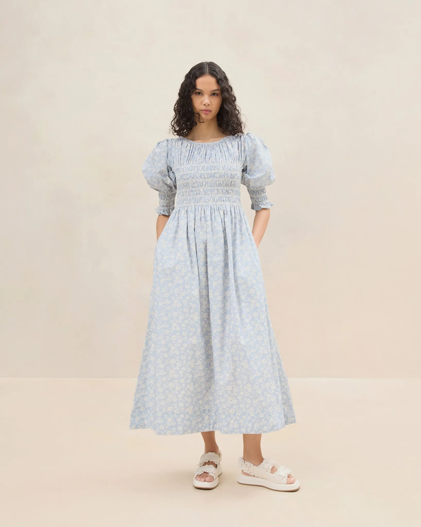 Hot Loeffler Randall Quinn Blue Floral Cinched Dress Dusty Blue/Cream Trailing Floral