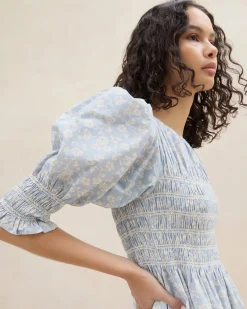 Hot Loeffler Randall Quinn Blue Floral Cinched Dress Dusty Blue/Cream Trailing Floral
