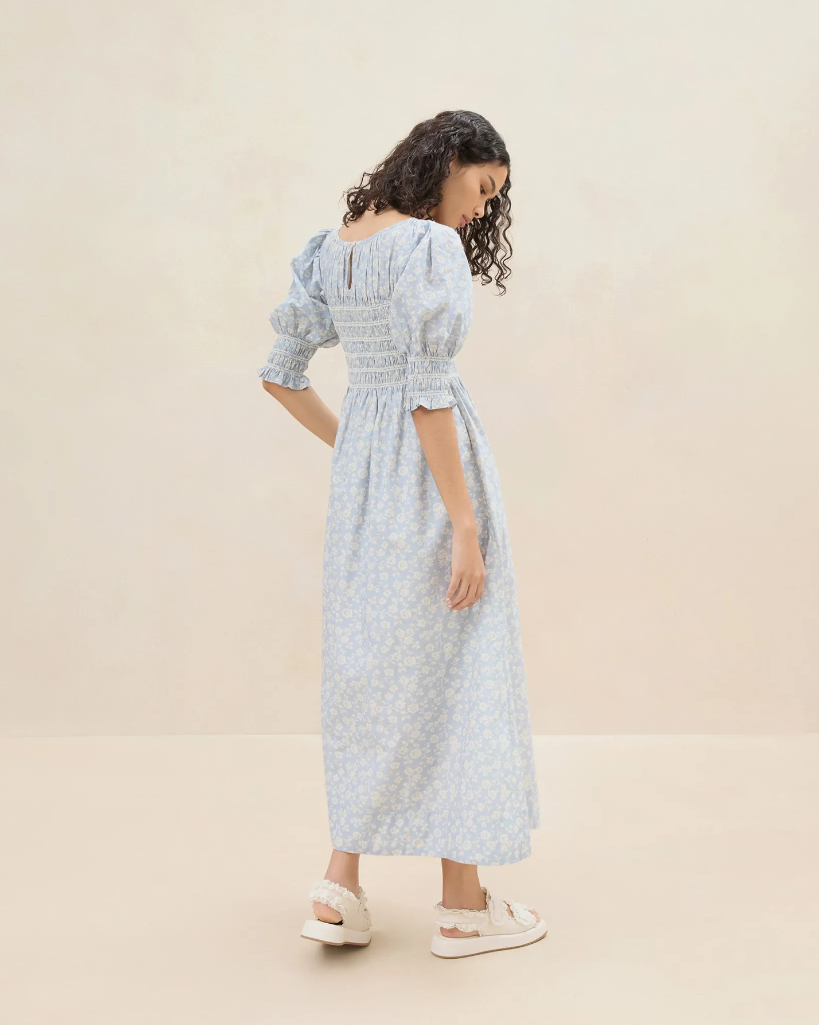 Hot Loeffler Randall Quinn Blue Floral Cinched Dress Dusty Blue/Cream Trailing Floral
