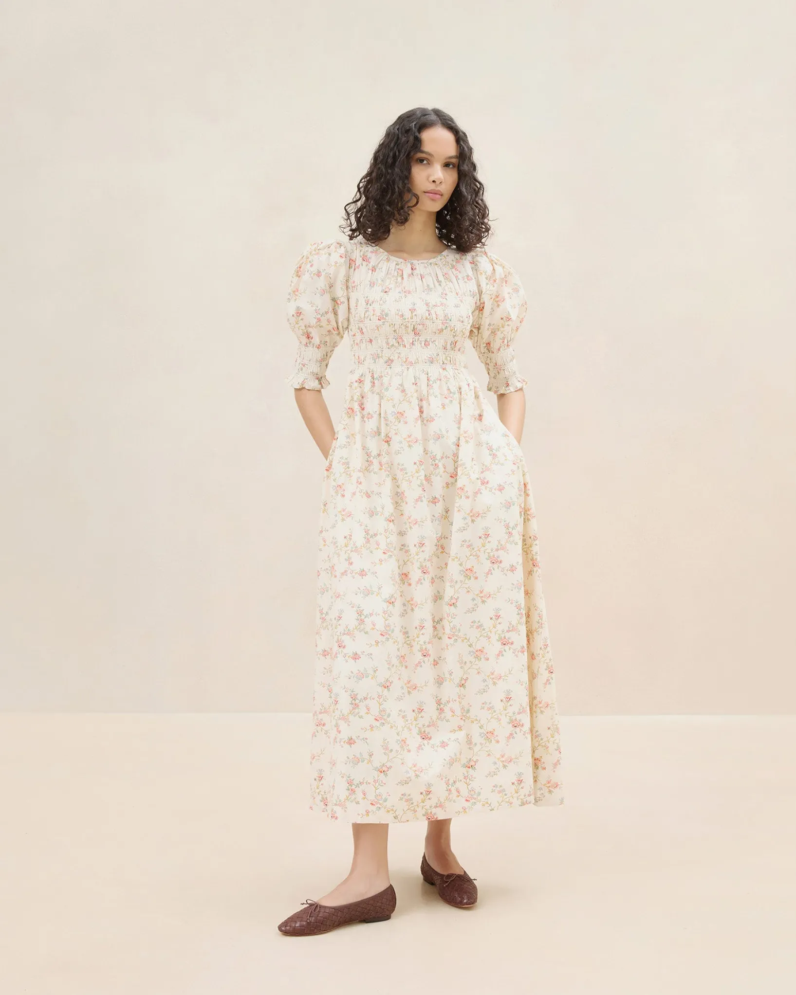 Outlet Loeffler Randall Quinn Pink Floral Cinched Dress Cream/Pink/Yellow Trellis Floral