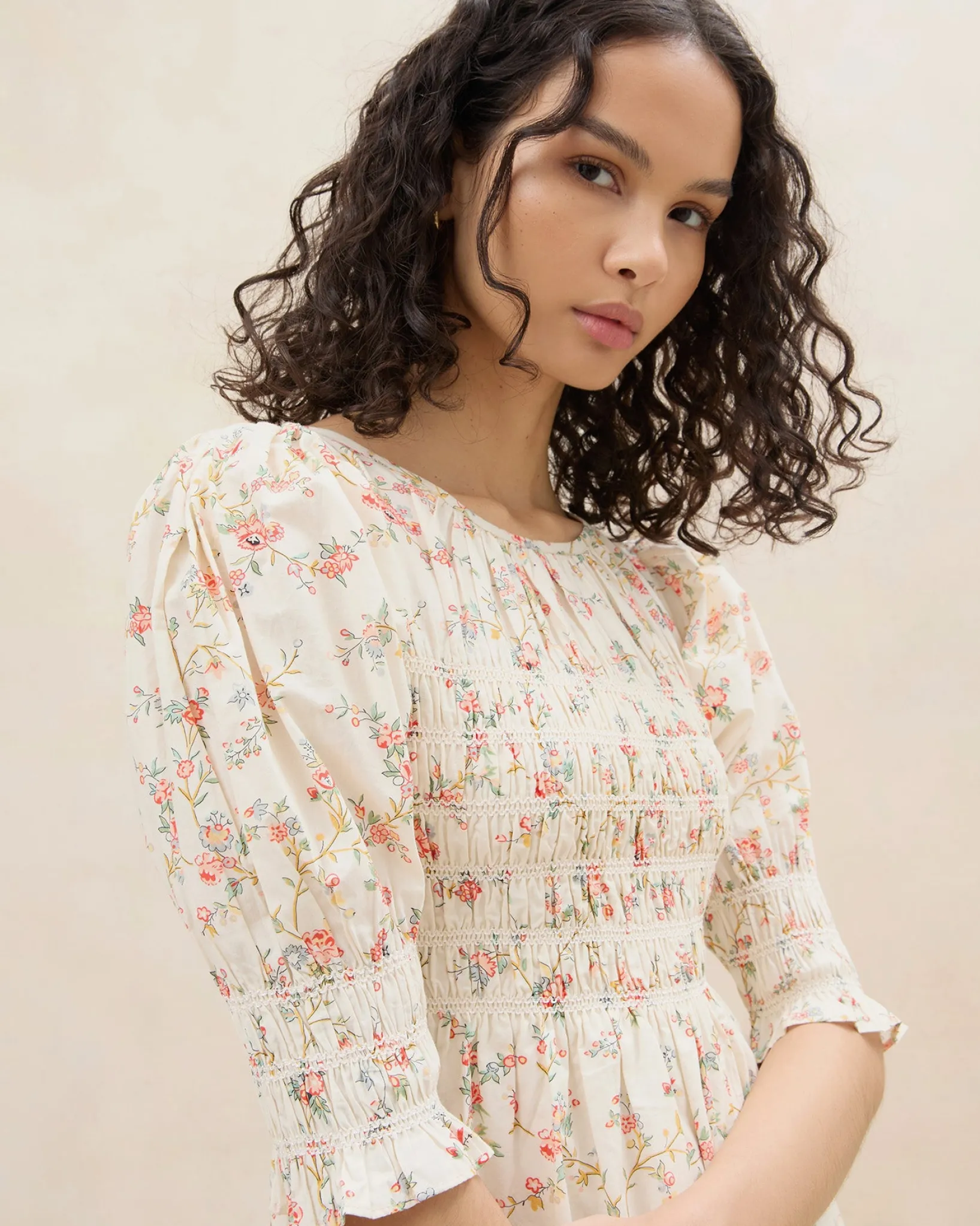 Outlet Loeffler Randall Quinn Pink Floral Cinched Dress Cream/Pink/Yellow Trellis Floral