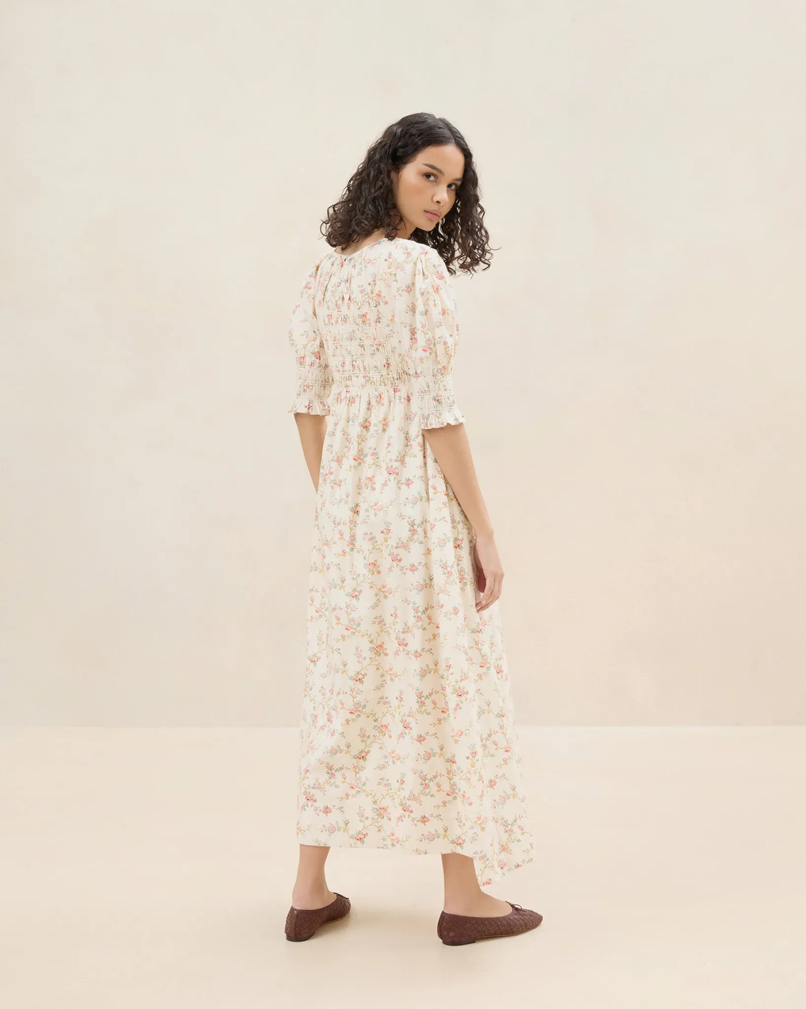 Outlet Loeffler Randall Quinn Pink Floral Cinched Dress Cream/Pink/Yellow Trellis Floral